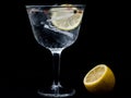 Glass of Gintonic with lemon and ice isolated on a black background