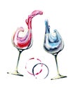 Glass glass with a drink, with wine. The wave in the glass. Hand drawn watercolor illustration isolated on white background for