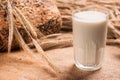 Glass glass of milk, a loaf of bread, wheat spikelets .