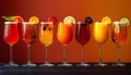 Glass glasses with different drinks on a bright background