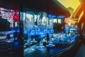 Glass glasses in neon lighting inside the luxury car limousine Royalty Free Stock Photo