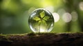 Glass globe ball, tree growing and green nature blur background. Eco earth day concept. Generative AI Royalty Free Stock Photo