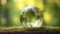 Glass globe ball, tree growing and green nature blur background. Eco earth day concept. Generative AI Royalty Free Stock Photo