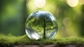 Eco earth day concept: Glass globe ball, tree growing and green nature blur background. Generative AI Royalty Free Stock Photo