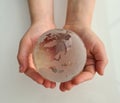 Glass globe in children hands closeup, World ecology concept Royalty Free Stock Photo