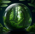 Glass globe encircled by verdant forest flora plants