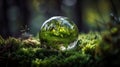 Glass Globe On Grass Moss In Forest - Green Planet With Abstract Defocused Bokeh Lights - Environmental Conservation Concept, Royalty Free Stock Photo