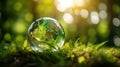 Glass globe on green grass and bokeh background. Environment conservation concept, save earth Royalty Free Stock Photo