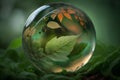 Glass Globe with Green Leaf in it with forest background, Generative Ai Royalty Free Stock Photo