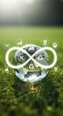 Glass globe with infinity loop and eco icons on green grass earth world Royalty Free Stock Photo