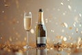 Glass goblet with champagne placed near open bottle and cork on mirrored surface against confetti background Royalty Free Stock Photo
