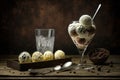 A glass goblet with multi-colored balls of delicious ice cream with an empty takan and ice cream on a dish and pieces of chocolate Royalty Free Stock Photo