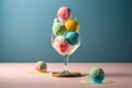 Glass goblet with multi-colored balls of delicious ice cream on a turquoise background. AI generated Royalty Free Stock Photo