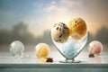 Glass goblet with multi-colored balls of ice cream with balls on the table against the sky. AI generated Royalty Free Stock Photo