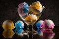 Glass goblet with multi-colored ice cream balls on a black background with balls on the table. AI generated Royalty Free Stock Photo