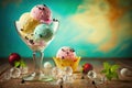 A glass goblet with multi-colored ice cream balls with chocolate chips and a plate of ice cream ball against the backdrop of a Royalty Free Stock Photo