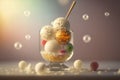 Glass goblet with multi-colored ice cream balls with a stick and soap bubbles on a blurred background. AI generated Royalty Free Stock Photo