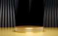 Glass and gold podium with black opening curtain. Stand to show products.