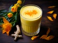 Glass of golden milk made of animal or plant milk, turmeric, cinnamon, ginger, sweetener or honey. Turmeric milk antioxidant Royalty Free Stock Photo