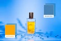 Glass golden perfume bottle on a steelblue background with shadows of plants. Samples of colors 4682B4 and FFA500