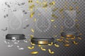 Glass golden, silver and bronze winner podium plate with falling confetti on transparent background. Vector illustration