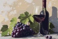 Glass of grape wine with a branch of grapes and green leaves on the background of a glass bottle in the rays of sunlight