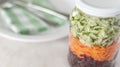 Glass with grated beetroot, carrot and cucumber and a plate on background Royalty Free Stock Photo