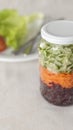 Glass with grated beetroot, carrot and cucumber and a plate on background Royalty Free Stock Photo