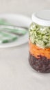 Glass with grated beetroot, carrot and cucumber and a plate on background Royalty Free Stock Photo