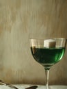 Glass of green absinthe with a sugar cube on top. Royalty Free Stock Photo