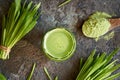 A glass of green barley grass juice with fresh homegrown barley grass blades and powder Royalty Free Stock Photo