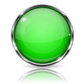 Glass green button. Round 3d button with metal frame. With reflection on white background