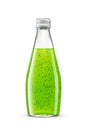 A glass green cocktail bottle with basil seeds isolated on white background. Kiwi lemon mint drink with chia seeds