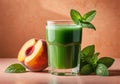 A glass of green fresh juice with fresh mint leaves and peach on a peach textured background. Daytime sunny soft Royalty Free Stock Photo