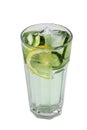Glass of green refreshing lemonade. Summer drink with sliced cucumber, lemon and ice cubes isolated on a white background Royalty Free Stock Photo
