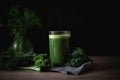 A glass of green smoothie and fresh lettuce and parsley lie on the table, the overall background is dark
