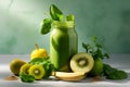 A glass of green smothie made of spinach, kiwi, banana and apple. Detox healthy vegan vitamin drink for energhy and wellness.