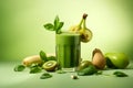 A glass of green smothie made of spinach, kiwi, banana and apple. Detox healthy vegan vitamin drink for energhy and wellness.