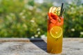 Glass of green tropical tea with lime, orange, watermelon and apple against green summer background Royalty Free Stock Photo