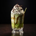 a glass with a green and white drink with whipped cream and chocolate