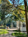 Glass greenhouse building on grounds of Grand Hotel on Mackinac Island in Michigan