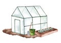 Glass greenhouse for fruits and vegetables. Watercolor hand drawing