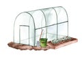 Glass greenhouse for fruits and vegetables. Watercolor hand drawing isolated on white background.