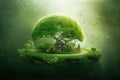 A glass half-sphere decorated with an abundance of bright green plants and a wooden lodge. World Environment Day concept