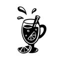 Glass with handle, cinnamon, drops, orange slice. Doodle hand drawn black illustration of drink, mulled wine, cocktail. Cartoon Royalty Free Stock Photo