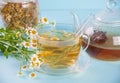 Glass of healthy herbal camomille tea. Naturopathy. Matricaria chamomilla. Royalty Free Stock Photo