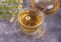 Glass of healthy herbal camomille tea. Naturopathy. Matricaria chamomilla. Royalty Free Stock Photo