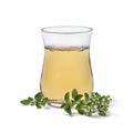 Glass with healthy oregano tea with a fresh twig of oregano on white background