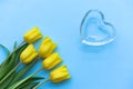 Glass heart and classic tulips on a classic blu background, fragile love background, valentines day concept, Pantone 2020 Royalty Free Stock Photo