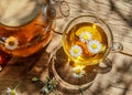 Glass of herbal chamomile tea and chamomile flowers near teapot. Top view Royalty Free Stock Photo